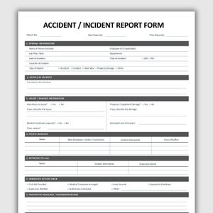 Pode incluir: Um formulário de relatório de acidente/incidente em papel branco com texto e linhas pretas. O documento inclui seções para informações gerais, detalhes do incidente, danos, pessoas envolvidas, testemunhas e ações imediatas tomadas.