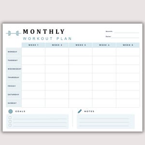 May include: A white monthly workout plan template with black and blue text. The header features a dumbbell icon, the words MONTHLY WORKOUT PLAN, and lines for Month and Date. It includes a grid for weeks 1-5 and days Monday-Sunday, plus sections for Goals and Notes.