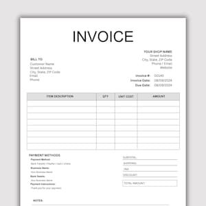 May include: A white invoice template with black text featuring the header INVOICE, sections for BILL TO, YOUR SHOP NAME, and payment details. It includes a table with columns for ITEM DESCRIPTION, QTY, UNIT COST, and AMOUNT, plus fields for totals.