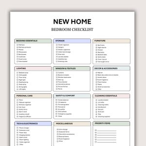 May include: A New Home Bedroom Checklist document featuring organised categories such as Bedding Essentials, Storage, Furniture, Lighting, Window & Textiles, Decor & Accessories, Personal Care, Safety & Comfort, Cleaning Essentials, Tech & Electronics.