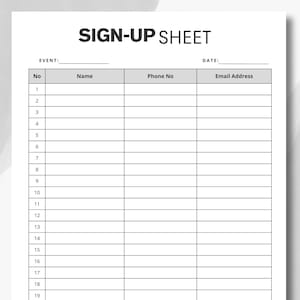 Sign Up Rows Printable Signup Sheet | Editable Sign up Form | Attendance Sheet ...