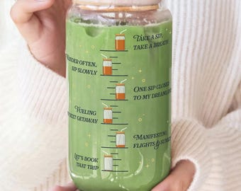 Matcha glass tumbler with bamboo lid and glass straw aesthetic cup for iced matcha latte travel lover gift for her smoothie coffee glass can