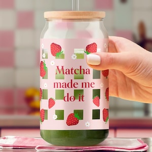Matcha glass mug with bamboo lid and reusable straw iced coffee can glass aesthetic drinkware gift for her coffee lover clear tumbler matcha