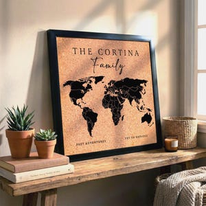 Personalized Push Pin Travel Map: Framed Cork Board World Map