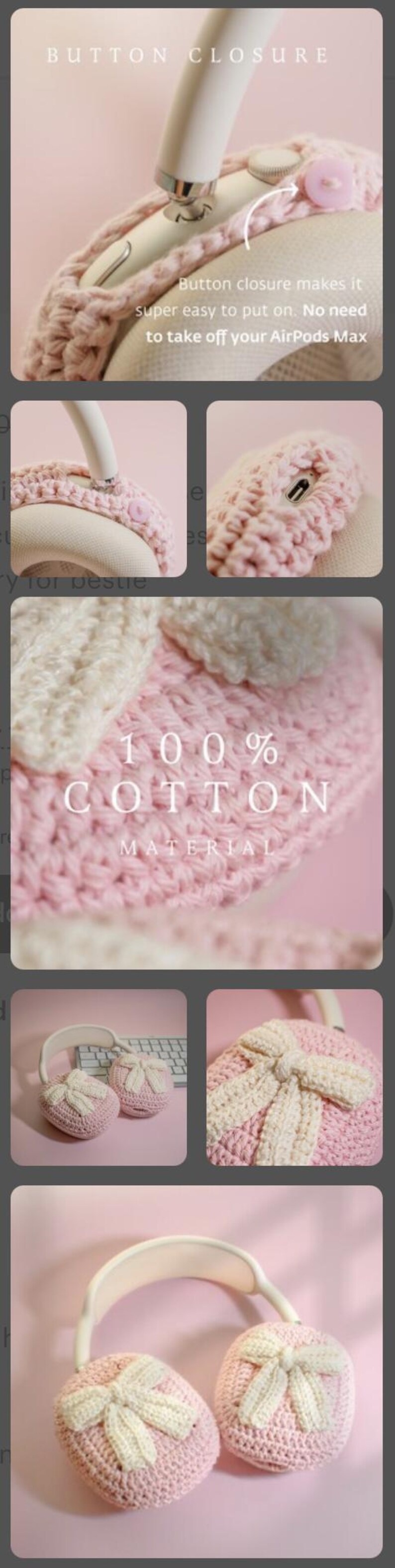 Coquette bow crochet AirPods Max case soft pink cover for girly tech gift cute headphones cover kawaii aesthetic travel accessory for bestie image 12