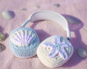 Coquette style crochet AirPods Max case pastel shell cover beachy headphone cozy aesthetic tech accessory for summer travel girls gift idea