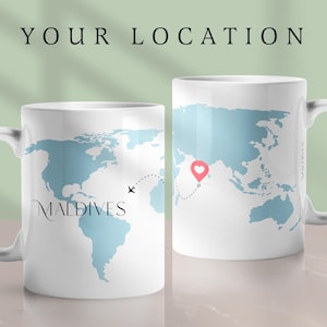 Personalized World Map Mug Custom Pin Location Travel Keepsake Mug Destination Gift Minimalist Coffee Cup Family Memory Vacation Souvenir