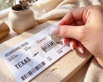 Kratzer offenbaren Bordkarte Flugticket Flugticket Flug enthüllen Reiseüberraschung Personalisierte Urlaubsansage offenbaren