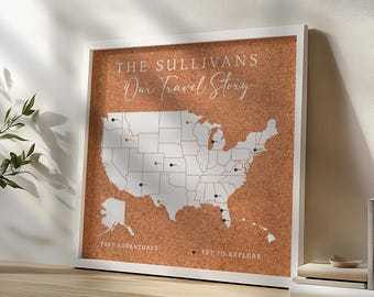 Personalized USA Map Cork Framed United States Push Pin Map Couple Travel Keepsake Gift Anniversary Minimalist Wall Art for Bedroom Decor