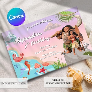Uitnodigingskaart Moana-verjaardagsfeestje voor kinderen