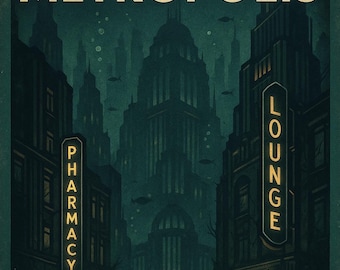 The Sunken Metropolis – Retro Sci-Fi Underwater Travel Poster – Digital Art Print
