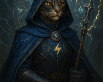 Thorne – Warden of the Stormvault – Lightning Cat Familiar – Lore Atlas Fantasy Digital Print