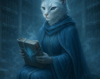 Mirell – Frostbound Archivist – Ice Mage Cat Familiar – Lore Atlas Fantasy Digital Print