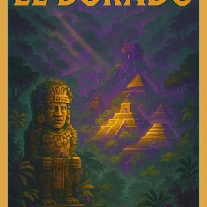 Può includere: Un poster vintage di viaggio che pubblicizza una visita a El Dorado, "La Città d'Oro". Il poster presenta una statua dorata di un uomo con un copricapo, in piedi di fronte a una scena di giungla con una piramide dorata sullo sfondo.