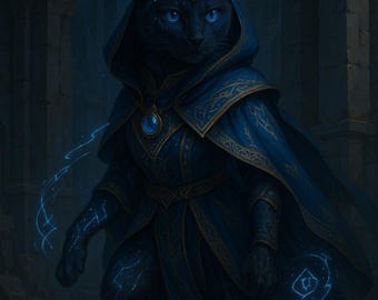 Nyx the Moonwell Seer – Mystic Familiar Cat Portrait – Fantasy Digital Wall Art Print