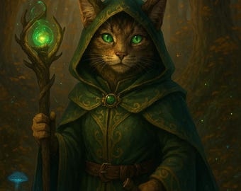 Sylvara – Keeper of the Verdant Gate – Forest Cat Familiar – Lore Atlas Fantasy Digital Print