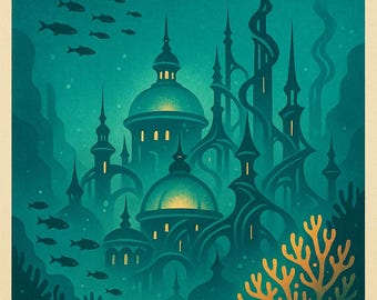 Visit Atlantis Travel Poster | Fantasy Printable Wall Art | Retro Digital Download | Lore Atlas Decor