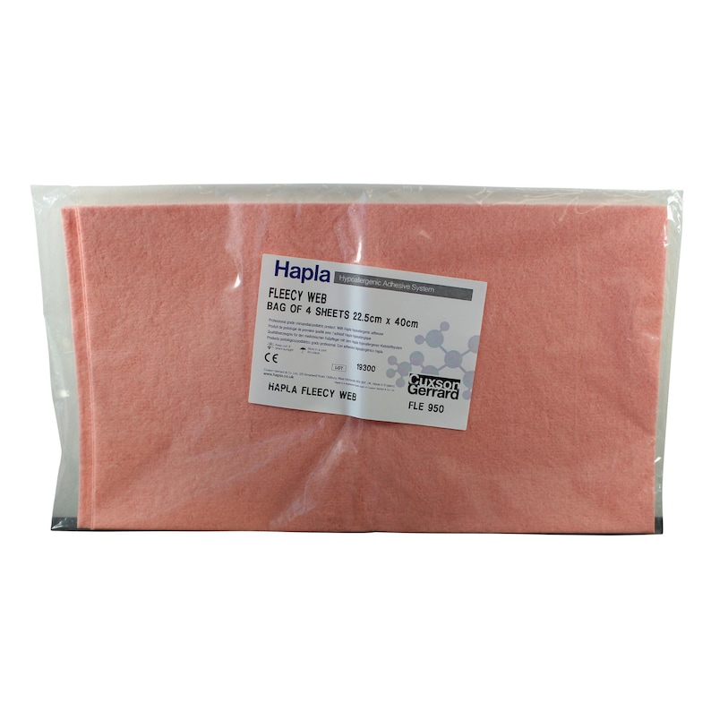 May include: A package containing four sheets of Hapla Fleecy Web, measuring 8.86 inches by 15.75 inches. The product is in a clear plastic bag with a label that includes the brand name, product details, and manufacturer information.
