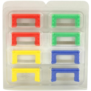 May include: A package of colorful, plastic tools. The tools are red, green, yellow, and blue, each with a small, silver blade. The package contains six tools, each labeled with a measurement in millimeters.