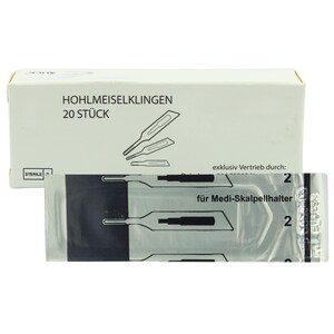 May include: A white box displaying the text "HOHLMEISELKLINGEN 20 STÜCK" and diagrams of surgical blades. Beneath the box is a silver package with the text "für Medi-Skalpellhalter" and the number "2".