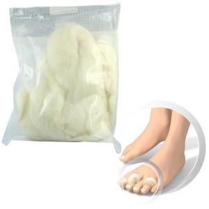 May include: A transparent plastic bag containing off-white wool. The image also shows a foot with toe separators.