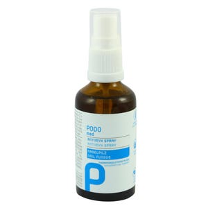 Puede incluir: Una botella de vidrio marrón con un pulverizador blanco. La etiqueta dice "PODO med ANTIMYK SPRAY NAGELPILZ NAIL FUNGUS". La botella contiene un líquido transparente y está diseñada para uso tópico.