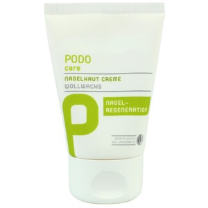Puede incluir: Un tubo blanco de crema para uñas PODO care. El tubo tiene texto verde y blanco, incluyendo "NAGELHAUT CREME" y "NAGEL-REGENERATION". El tubo tiene una tapa blanca y un logotipo "P" verde.