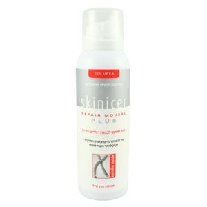 Puede incluir: Botella blanca de Skinicer Repair Mousse Plus con tapa de bomba blanca. La etiqueta incluye el texto "10% UREA", "skinicer" y "REPAIR MOUSSE PLUS". La botella contiene 125 ml de producto.