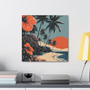 Tropical Canvas Art, Sunset Beach Decor, Tropical Floral Wall Art, Island Vibes Home Decor, Gift for Beach Lovers