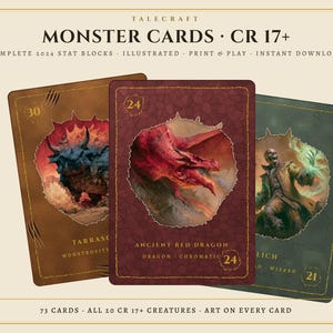 May include: A set of three rectangular monster cards titled Talecraft Monster Cards CR 17+. The cards feature illustrations of a Tarrasque, an Ancient Red Dragon, and a Lich, with gold text detailing stats, creature types, and numerical ratings.