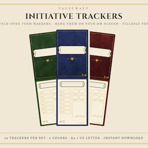 DnD Initiative Tracker 5e | Fold Over DM Screen Turn Markers | Fillable PDF | 24 Trackers 6 Colors | A4 US Letter | Print and Play Digital