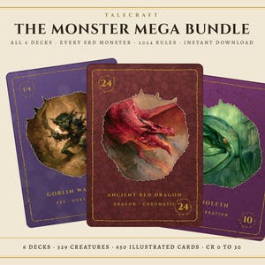 May include: A set of three rectangular game cards featuring illustrations of a goblin, a red dragon, and a green tentacled creature. The cards are purple and dark red with gold text and borders. The top text reads THE MONSTER MEGA BUNDLE.