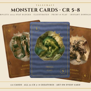 May include: A set of Talecraft Monster Cards CR 5-8 featuring illustrated stat blocks for creatures like Medusa, a Troll, and a Chimera. The cards are brown and blue with gold text, claw mark accents, and numerical ratings on each card face.