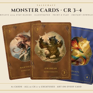 May include: A set of Talecraft Monster Cards CR 3-4 featuring illustrated stat blocks. The cards display creatures like a manticore, an owlbear, and a colorful serpent. Text includes 'TALECRAFT MONSTER CARDS CR 3-4', '83 CARDS', and 'ALL 41 CR 3-4 CREATURES'.