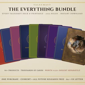 May include: A digital card game bundle titled THE EVERYTHING BUNDLE featuring multiple colored card backs in red, blue, purple, green, and brown. The front-most card displays a wolf illustration within a cave opening with the text WOLF BEAST.