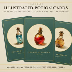 DnD Illustrated Potion Cards 2024 | Art on Every Card 5e | All 20 Potions and Oils | 21 Printable Cards PDF | A4 US Letter