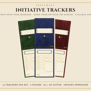 May include: Three vertical initiative trackers in green, blue, and dark red with a fold-over design. Each features a top section with a blank banner and gold star, and a bottom section with fillable boxes for game statistics and text.