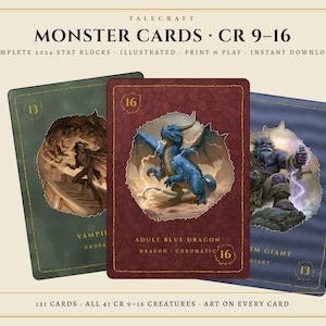 May include: A set of three rectangular monster cards titled Talecraft Monster Cards CR 9-16. The cards feature illustrations of a vampire, an adult blue dragon, and a storm giant, with text indicating stat blocks, 121 cards, and 41 creatures.