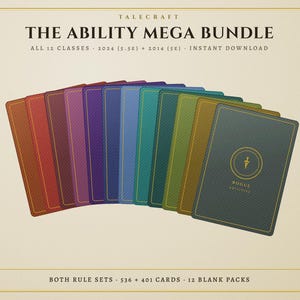May include: A set of twelve rectangular game cards arranged in a fan shape, each featuring a distinct color and diagonal line texture. The front card is dark gray with a gold circular emblem and the text ROGUE ABILITIES. The top text reads TALECRAFT THE ABILITY MEGA BUNDLE ALL 12 CLASSES 2024 (5.5E) + 2014 (5E) INSTANT DOWNLOAD. Bottom text reads BOTH RULE SETS 536 + 401 CARDS 12 BLANK PACKS.