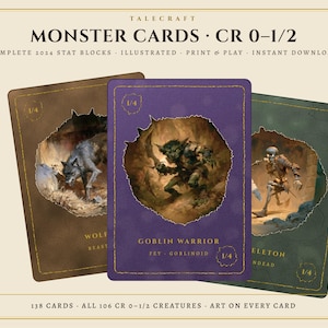 May include: A set of Talecraft Monster Cards featuring CR 0-1/2 creatures. The cards are brown, purple, and green, displaying illustrations of a wolf, a goblin warrior, and a skeleton. Text includes 'Monster Cards', 'Complete 2024 Stat Blocks', and '138 Cards'.