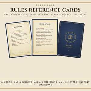 May include: A set of Talecraft rules reference cards featuring cream-colored cards with dark blue text and borders. The cards display game mechanics including turn overviews, melee attack instructions, and a dark blue card with a book icon.