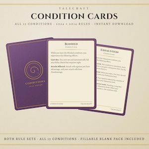 Peut inclure: Un ensemble de cartes de condition Talecraft violettes et crème pour les jeux de table. Les cartes présentent du texte détaillant les règles pour des conditions comme Blinded et Exhaustion. Le texte en haut indique Talecraft Condition Cards.