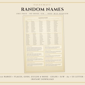 DnD Random Name Generator Sheet | 120 Fantasy NPC Names + Taverns, Towns, Gods and More | Printable DM Tool | A4 & US Letter