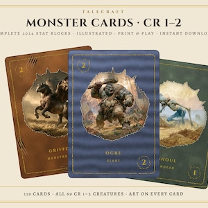 May include: A set of Talecraft Monster Cards CR 1-2 featuring illustrated stat blocks for creatures like a griffin, ogre, and ghoul. The cards are brown, blue, and green with gold text and borders, displaying creature names, types, and challenge ratings.