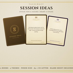 May include: A set of Talecraft Session Ideas cards featuring a dark brown card back with a scroll icon and two cream-colored cards with black text. The cards display prompts like Tavern Scene and Court Spark, with headers reading Session Ideas and Stuck for a Scene: Draw a Spark. The bottom text lists 52 hooks, 4 themes, poker size, A4 + US Letter, and blank sheet included.
