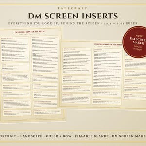 DnD DM Screen Inserts + DM Screen Maker, 2024 and 2014 Rules, 4-Panel Reference, Color and Black and White, Printable PDF