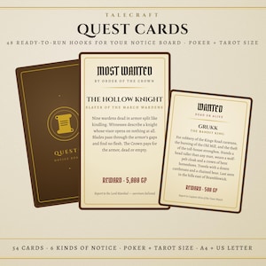 DnD Quest Cards, 48 Wanted Posters, Notice Board Hooks, Poker and Tarot Size, Printable PDF