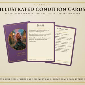 Può includere: Un set di carte condizione illustrate Talecraft con bordi viola e testo bianco. Le carte mostrano condizioni di gioco come Blinded e Exhaustion con descrizioni e regole dettagliate. Il set include illustrazioni sul retro di ogni carta ed è disponibile come download istantaneo per i regolamenti 2014 e 2024.