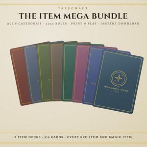 Könnte beinhalten: Ein Set aus acht rechteckigen Spielkarten in verschiedenen Farben wie Braun, Blau, Grün und Violett. Die Karten haben goldfarbene Ränder und ein zentrales Emblem mit dem Text WONDROUS ITEMS. Der Hintergrundtext lautet TALECRAFT THE ITEM MEGA BUNDLE.