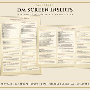 May include: Two cream-colored Dungeon Master screen inserts featuring black text, organized into columns with combat actions, conditions, and rules. The top text reads TALECRAFT DM SCREEN INSERTS and EVERYTHING YOU LOOK UP, BEHIND THE SCREEN.